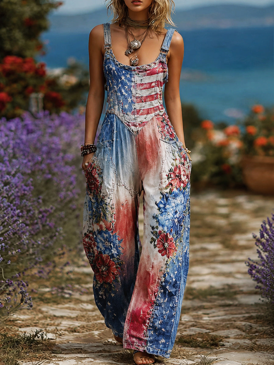 Women's Retro Style Art Print Washed Cotton Denim Patchwork Jumpsuit